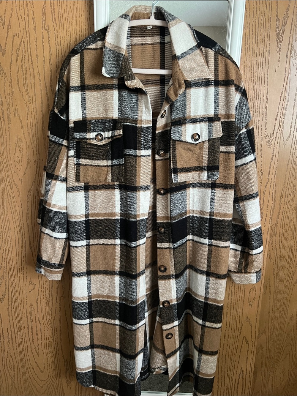 Checked Long Shacket Coat in Tan, Black & White